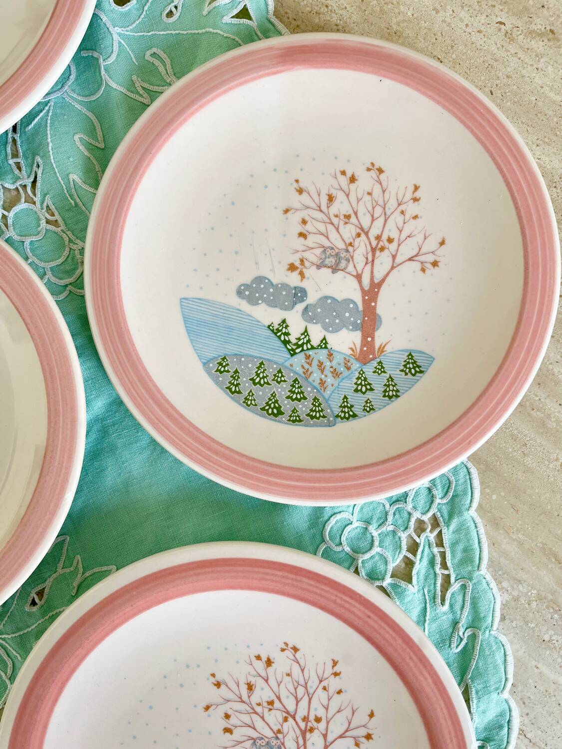 4 vintage powder pink dessert plates