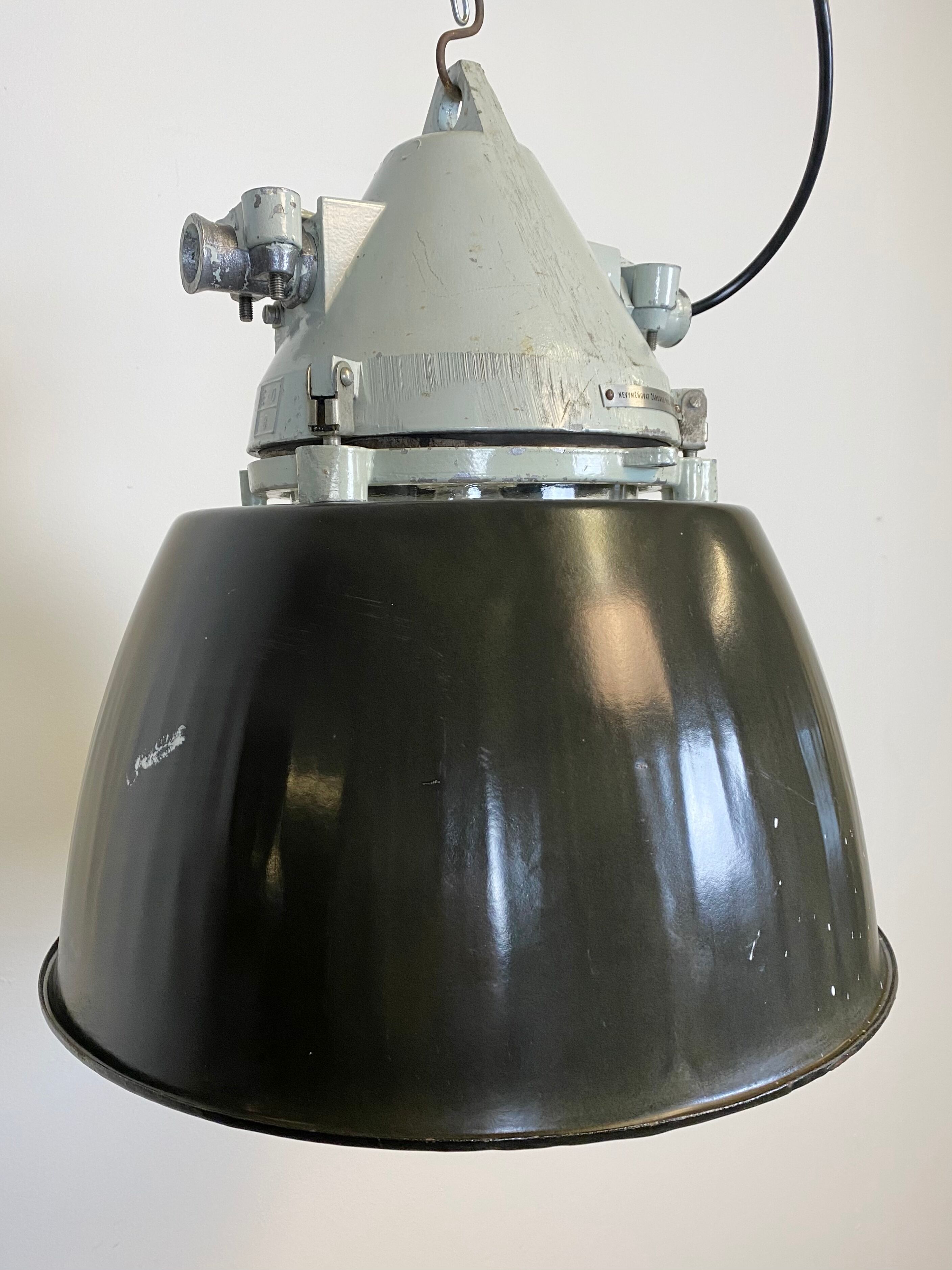 Grey cast aluminium explosion proof lamp with black enameled shade
