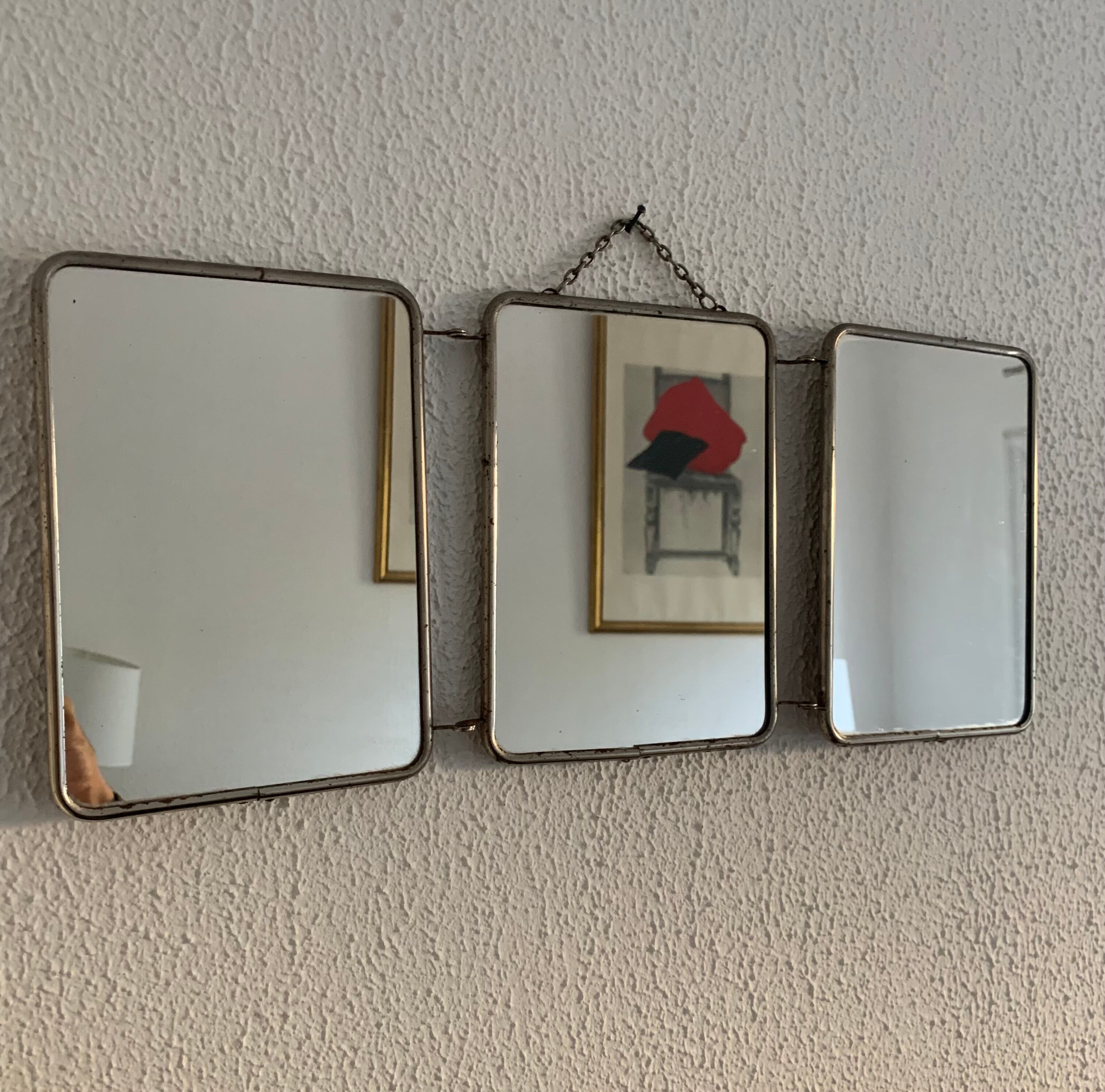 Vintage mirror 1960 triptych barber pink fabric - 21 x 49