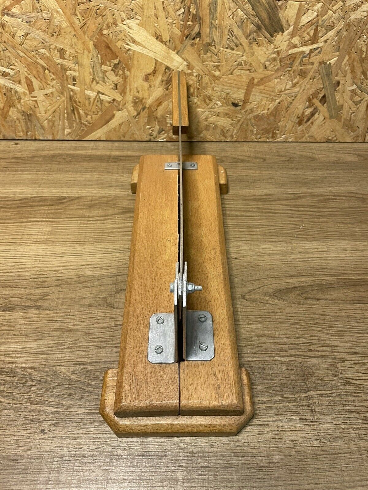 Antique bread cut, stainless steel blade, wooden base, vintage chic countryside
