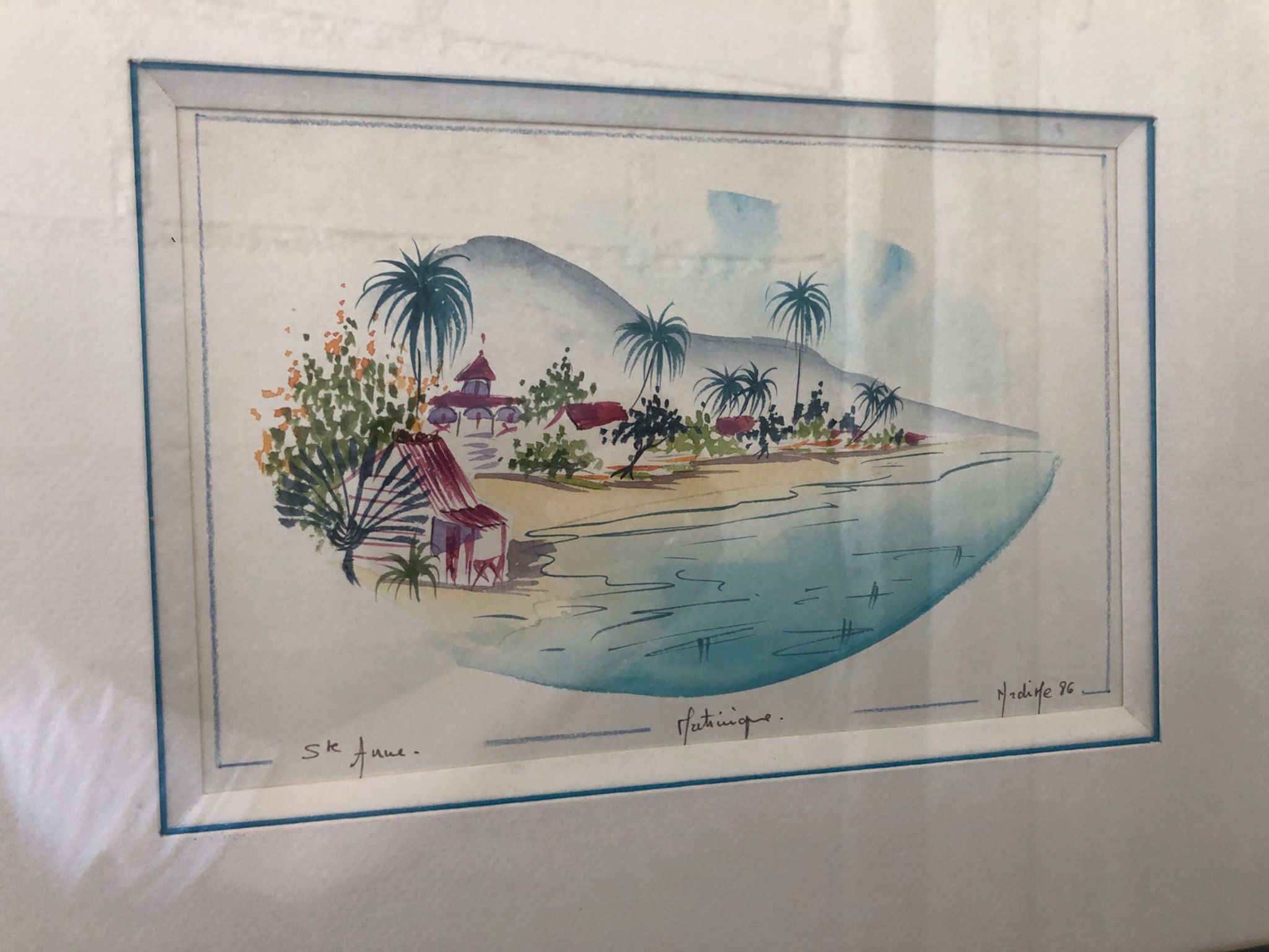 Watercolor painting nadine martinique st anne + wood frame #a224