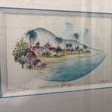 Watercolor painting nadine martinique st anne + wood frame #a224