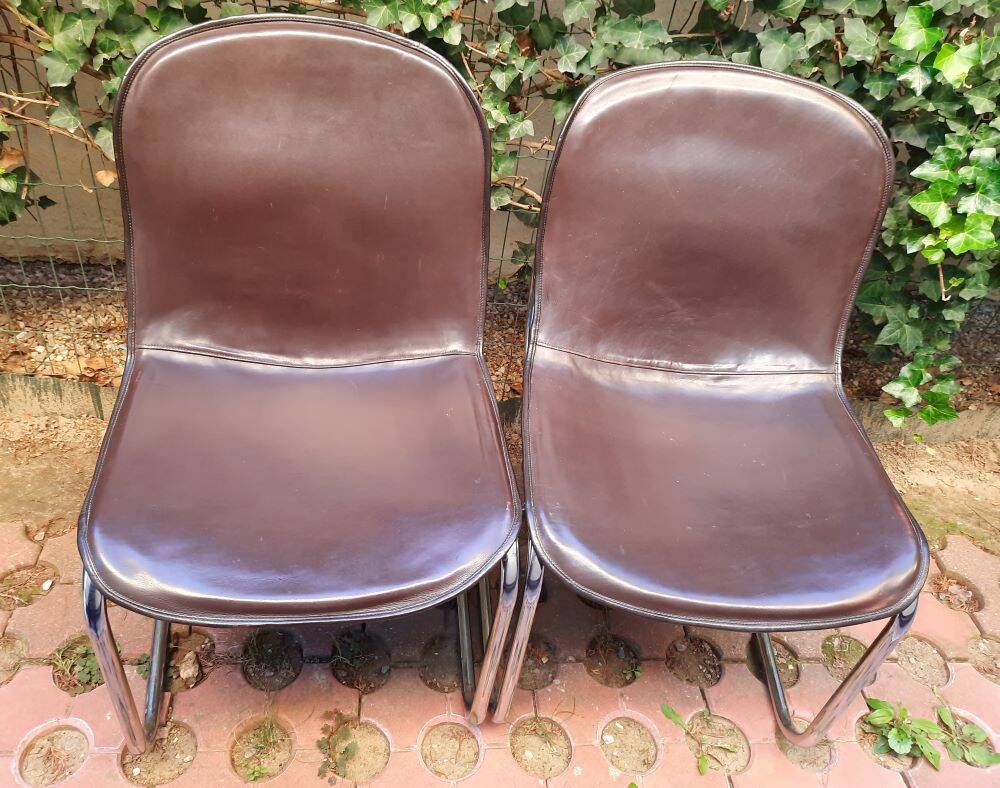Gastone Rinaldi dining chairs covered with original cow leather, set of two, Italy, 1960s