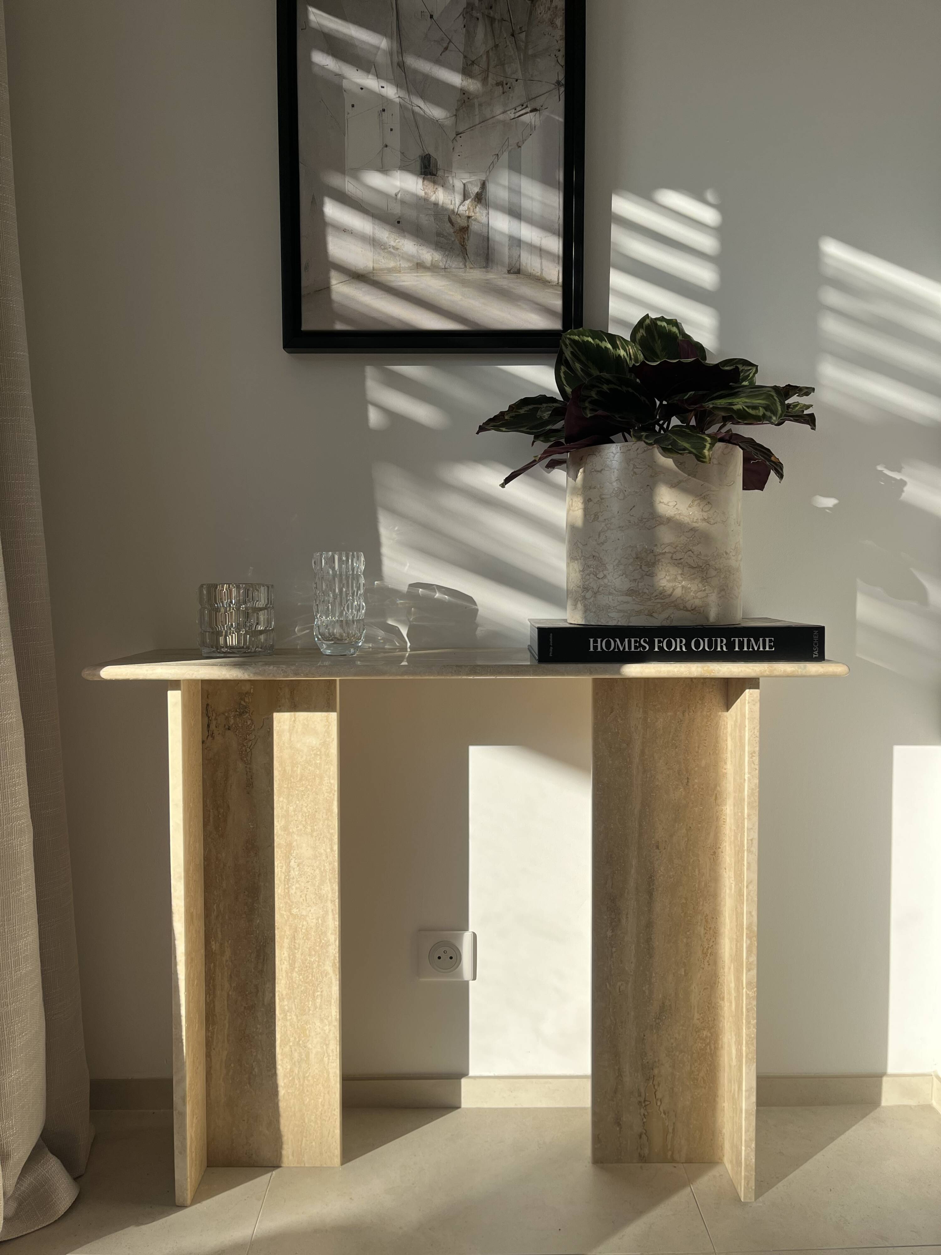 Polished travertine console vintage style design raw travertine console