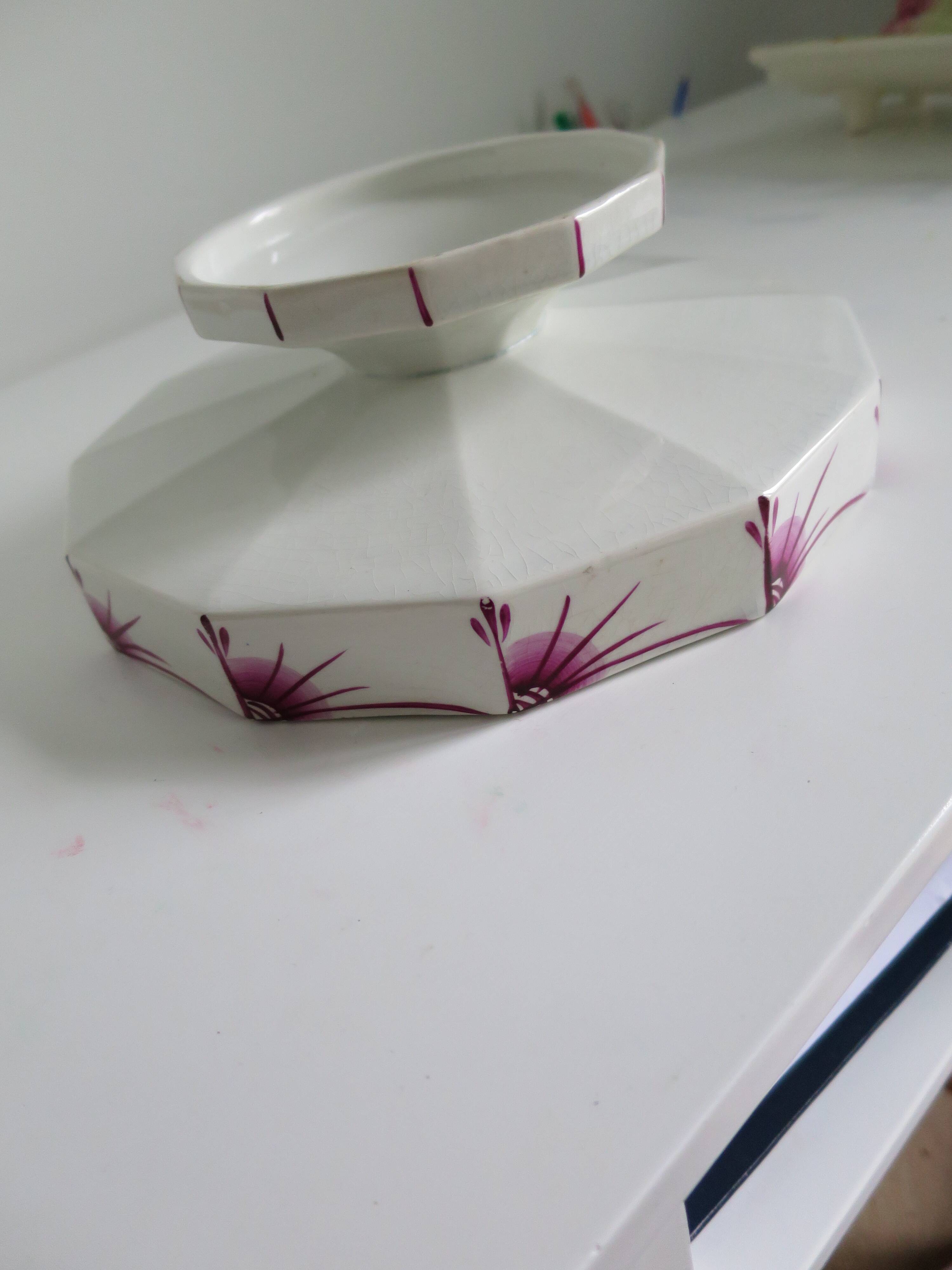 Compotier–Vintage serving plate-Cake dish–Dark pink red art deco patterns - octagonal shape