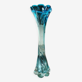 Grand Vase au Design Floral, en verre d Art soufflé de Murano/Italie. Dégradé de tons bleus. Haut 39 cm