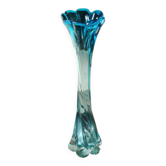 Grand Vase au Design Floral, en verre d Art soufflé de Murano/Italie. Dégradé de tons bleus. Haut 39 cm