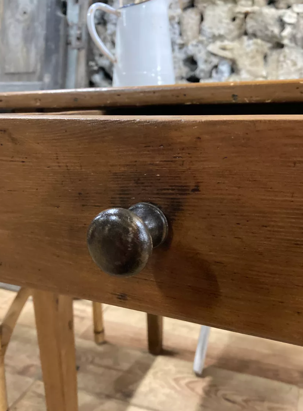 Rectangular wooden farmhouse table or rustic desk with antique drawer