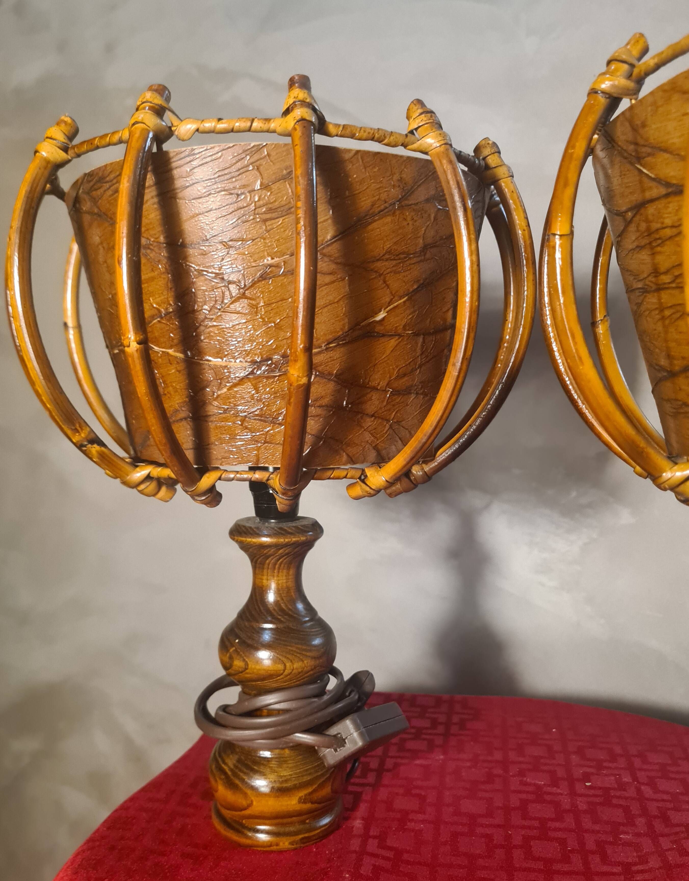 pair of vintage rattan table lamps by Louis Sognot 32x26 - 1950s-60s