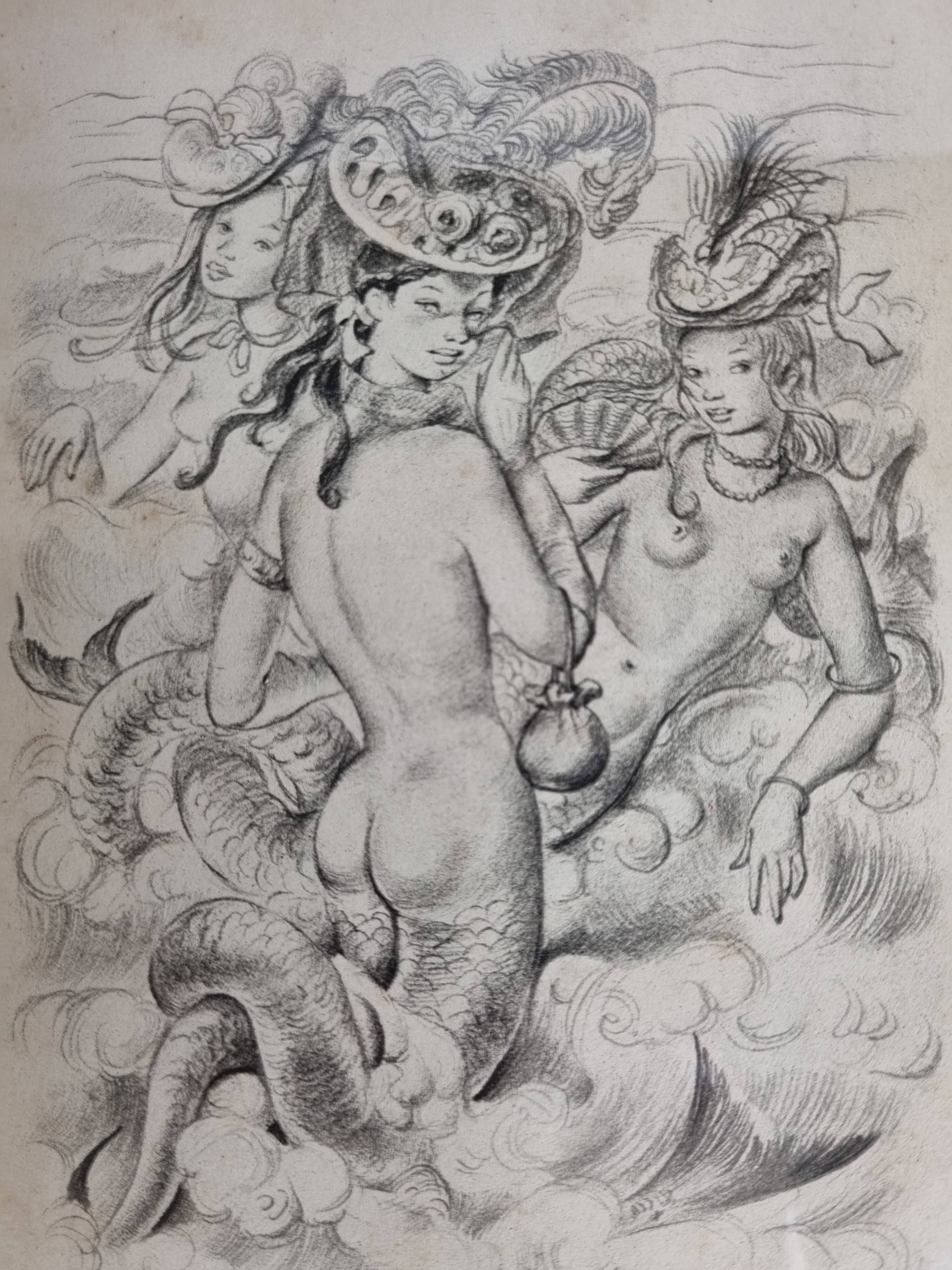 Engraving "Sirens" attributed to Suzanne Ballivet, framed under glass, 19 x 14 cm