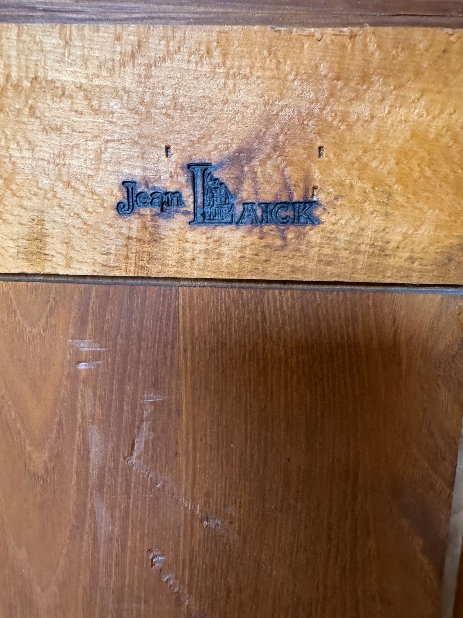Secretary with drop-down front, signed Jean Laick, master cabinetmaker, cherry wood.