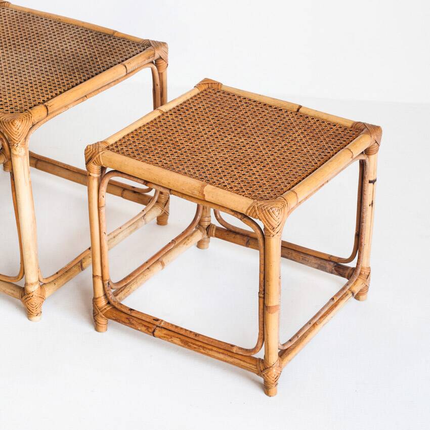 Set of three vintage nesting tables in cane. France, 1960s