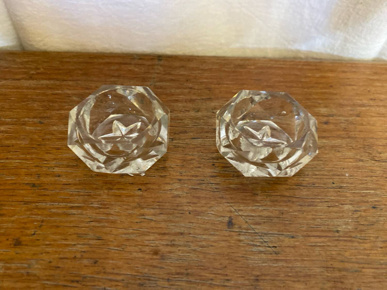 Pair of Antique Hexagonal Cut Crystal Salt Cellars Pepper Shakers Vintage