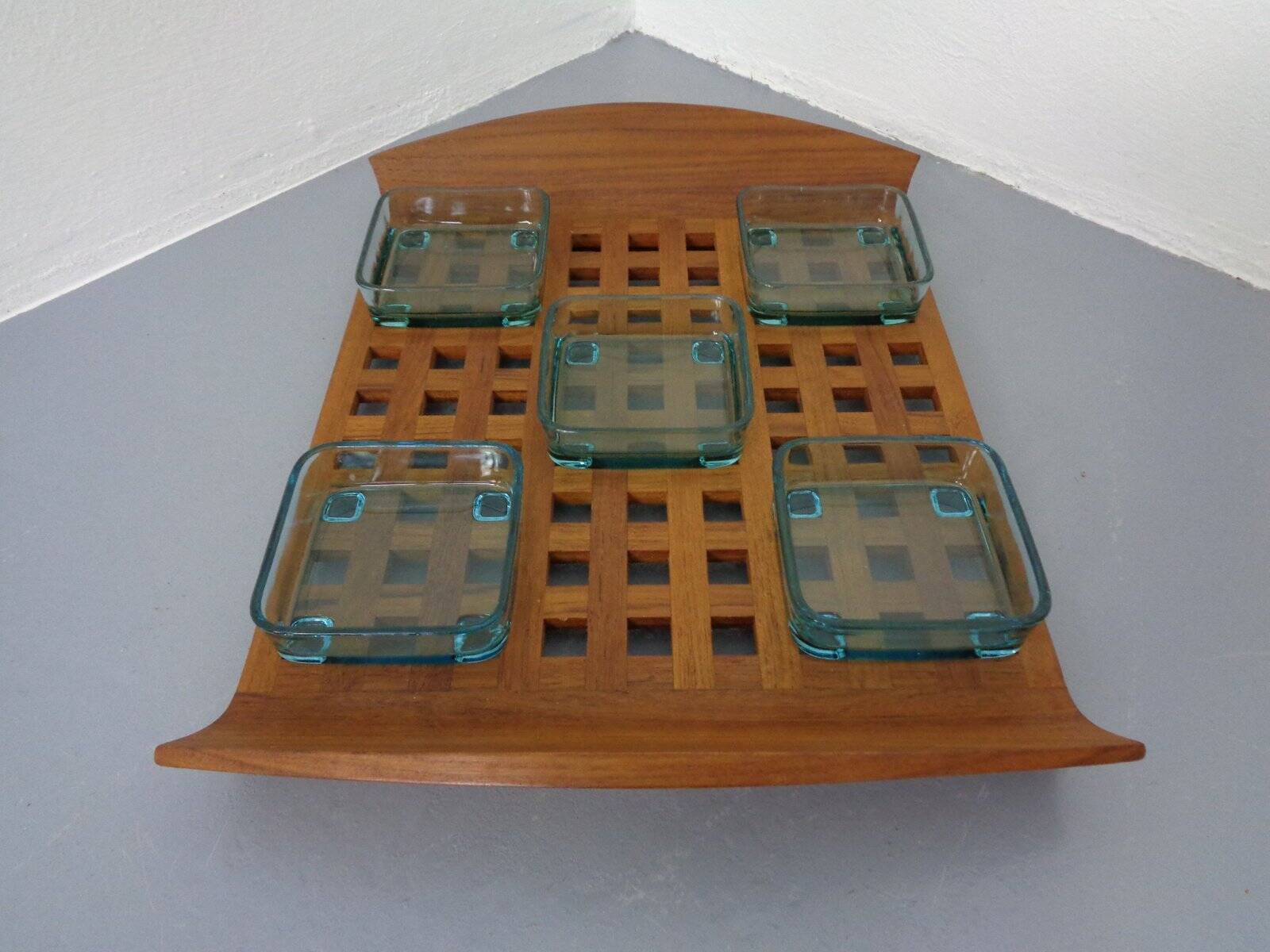Teak tray with glass bowls by Jens Quistgaard for IHQ Dansk Designs, 1960s, set of 6.