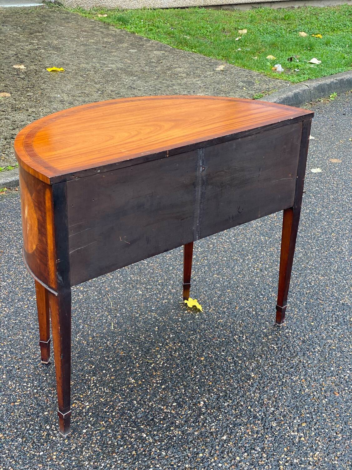 Commode console demi lune vintage bois et marqueterie Louis XVI