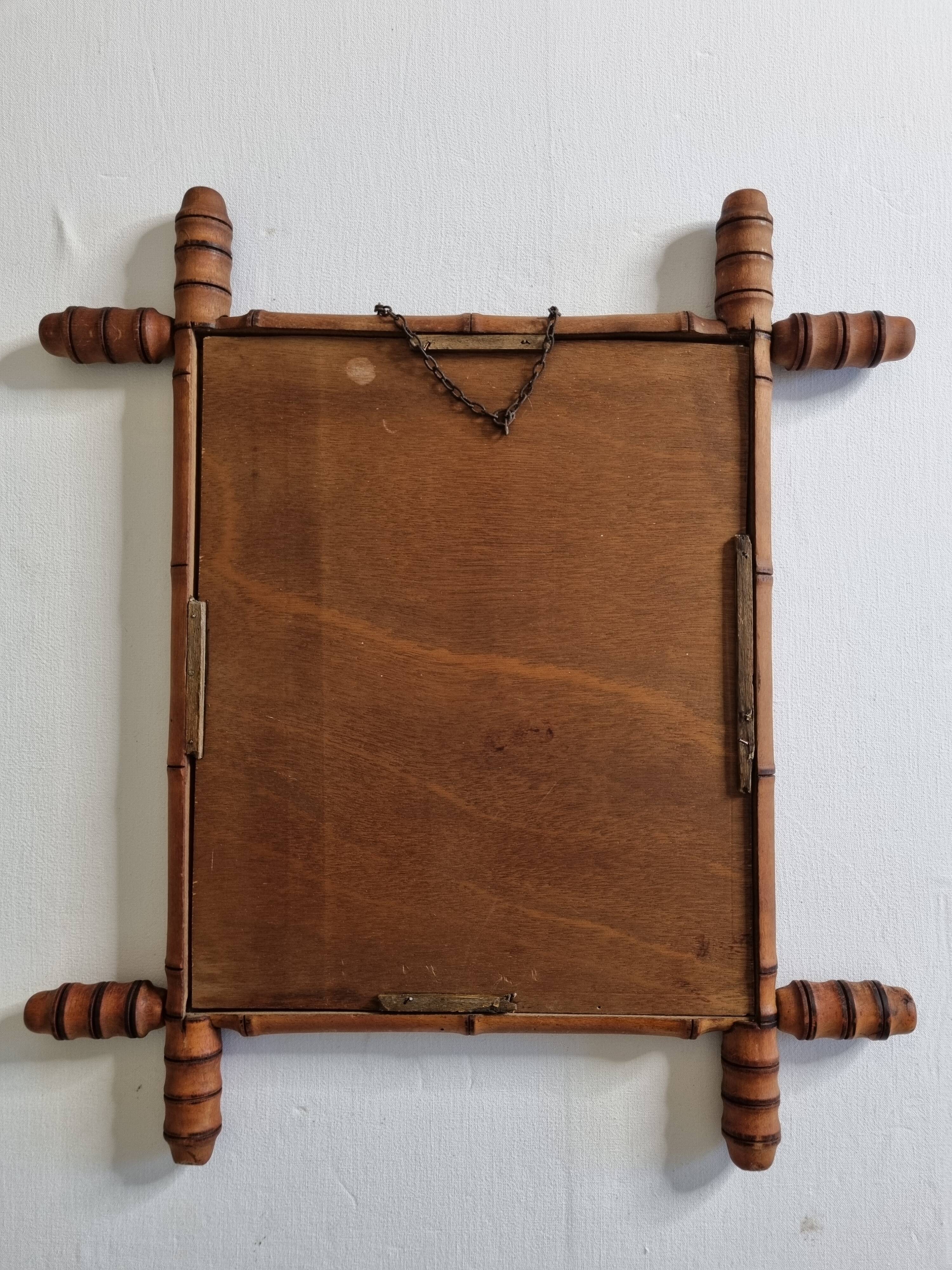 Antique mirror in turned wood imitating bamboo, 43 x 49 cm