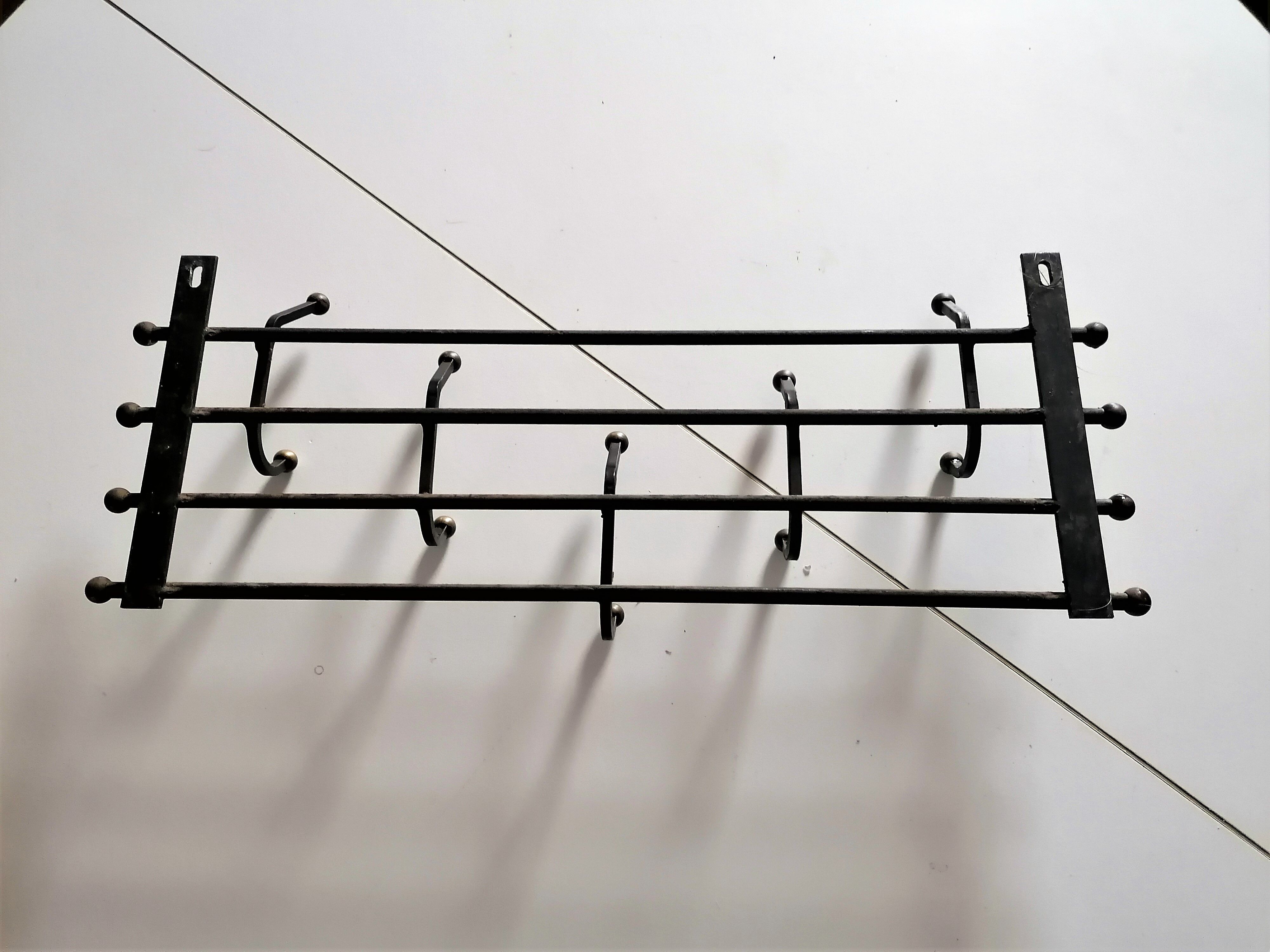 Cloakroom coat rack wrought iron and brass balls 5 vintage hooks
