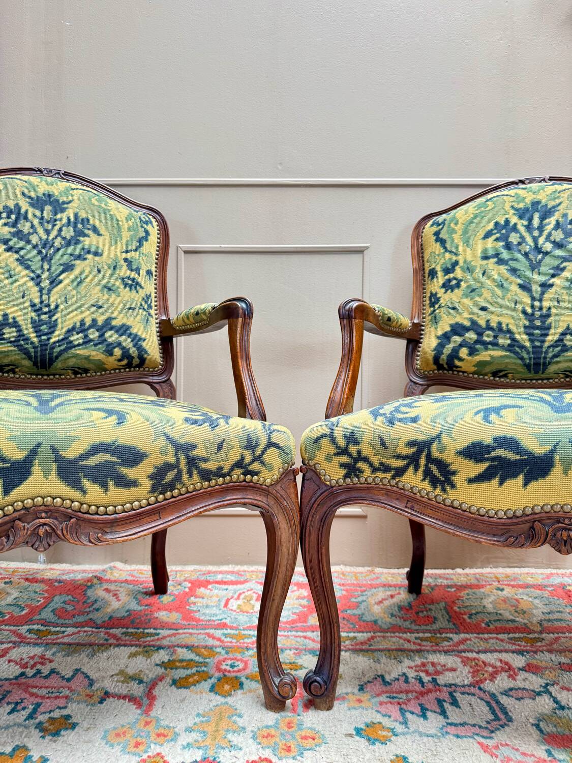 Pair of Louis XV Style Walnut Armchairs, 19th Century