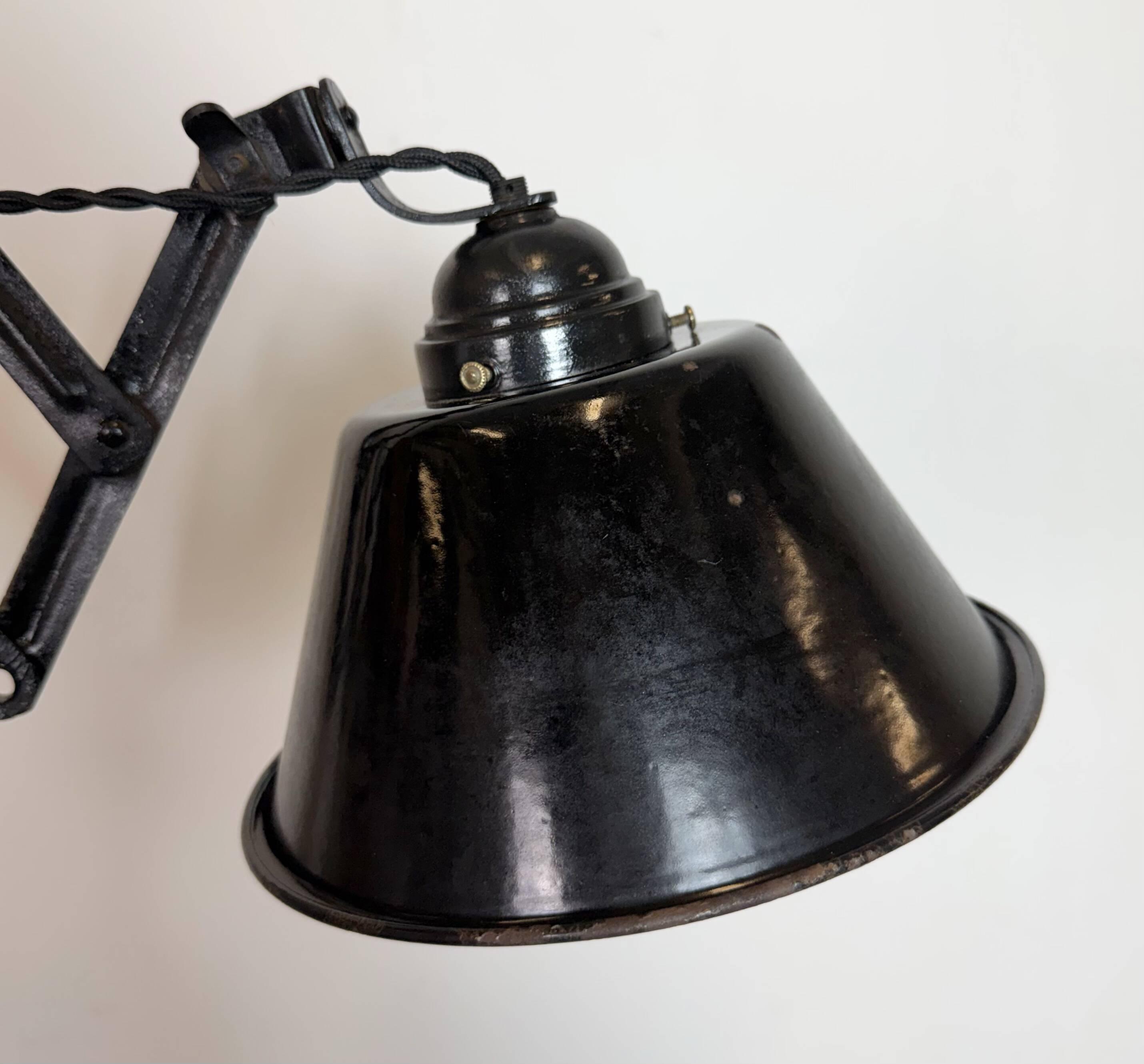 Industrial Black Enamel Scissor Wall Lamp, 1930s