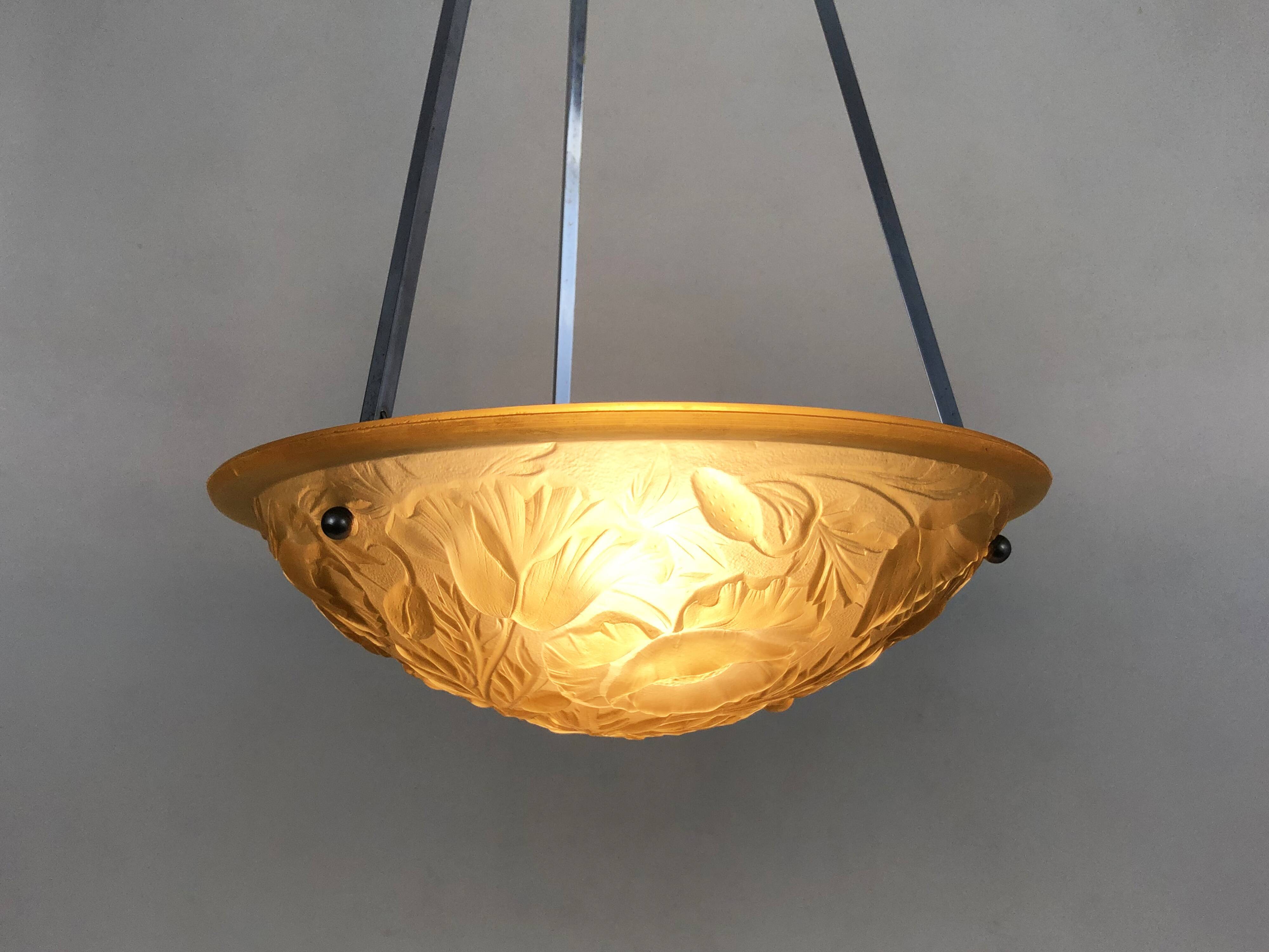 Old chandelier, suspension basin art deco 1 fire, in yellow glass paste