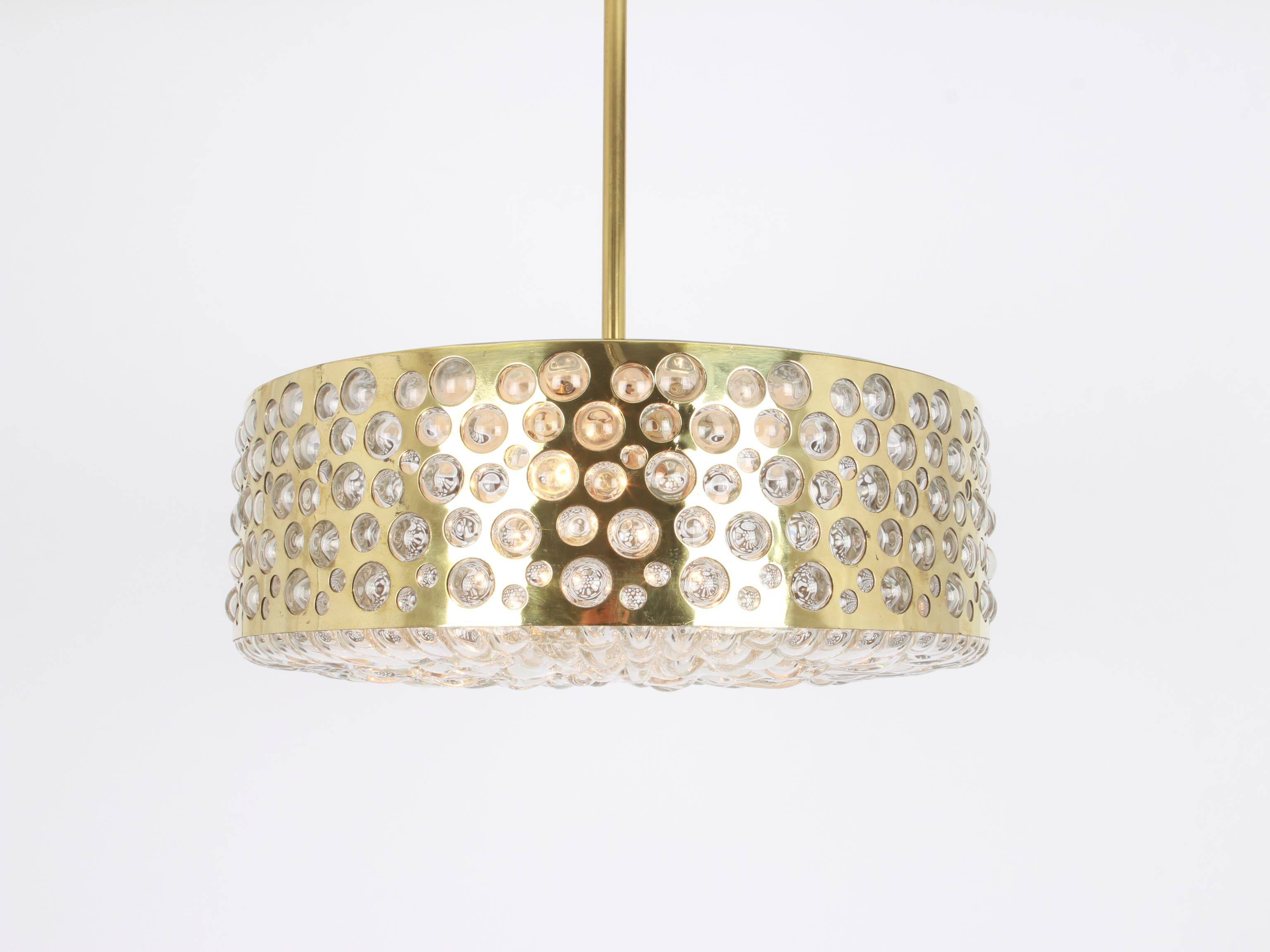 Large pendant light with aged brass glass by Rupert Nikoll, Austria, 1960s.