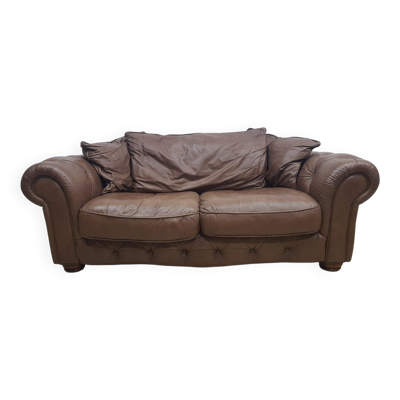 Canapé Chesterfield du milieu du siècle, cuir naturel