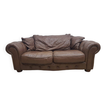 Canapé Chesterfield du milieu du siècle, cuir naturel