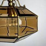 Vintage hexagonal diamond-cut crystal chandelier in gilded brass, Italy, 1960s.