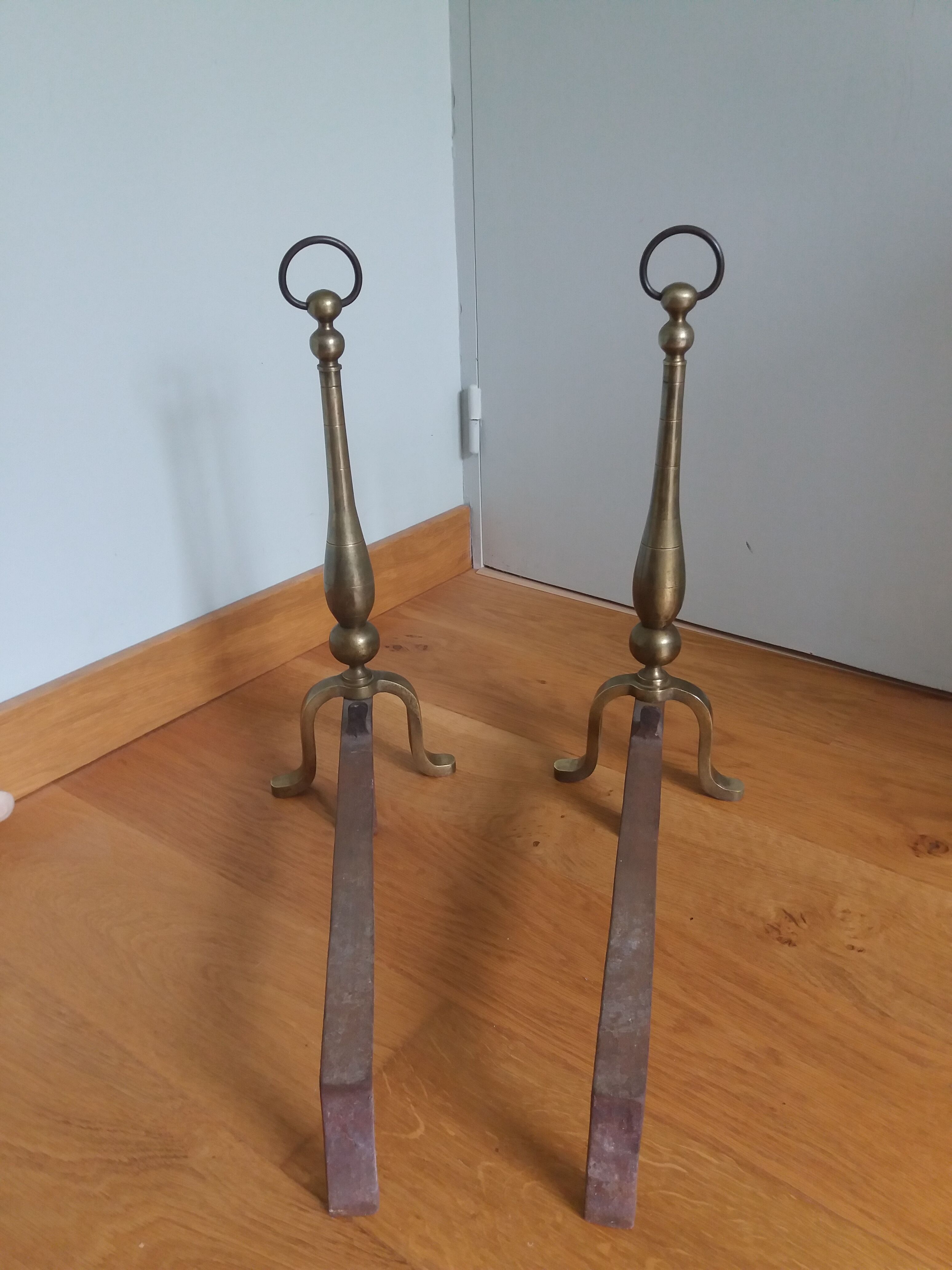 Brass or bronze andirons