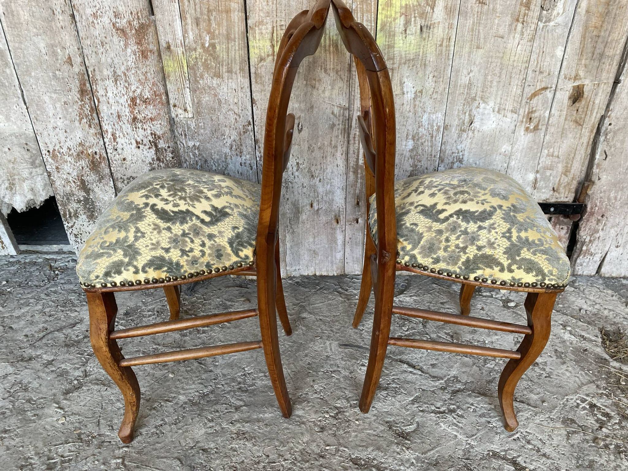 Pair of Antique Louis Philippe Chairs Wood + Fabric Seat 19th Century Vintage