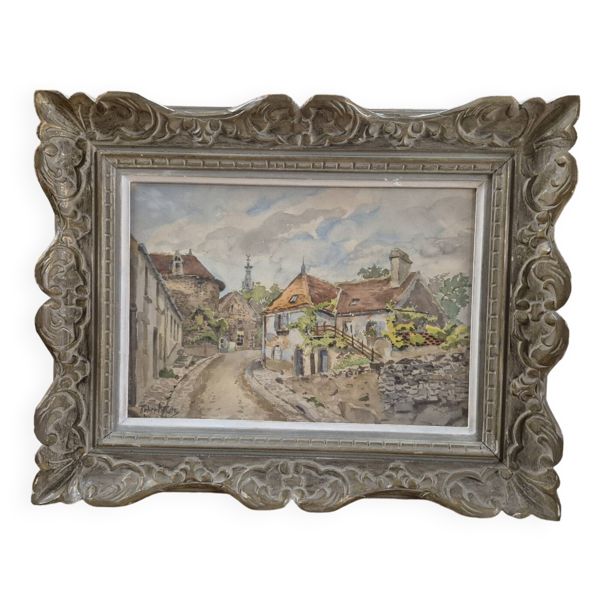 Watercolor landscape painting signed Robert Rutz original Montparnasse frame
