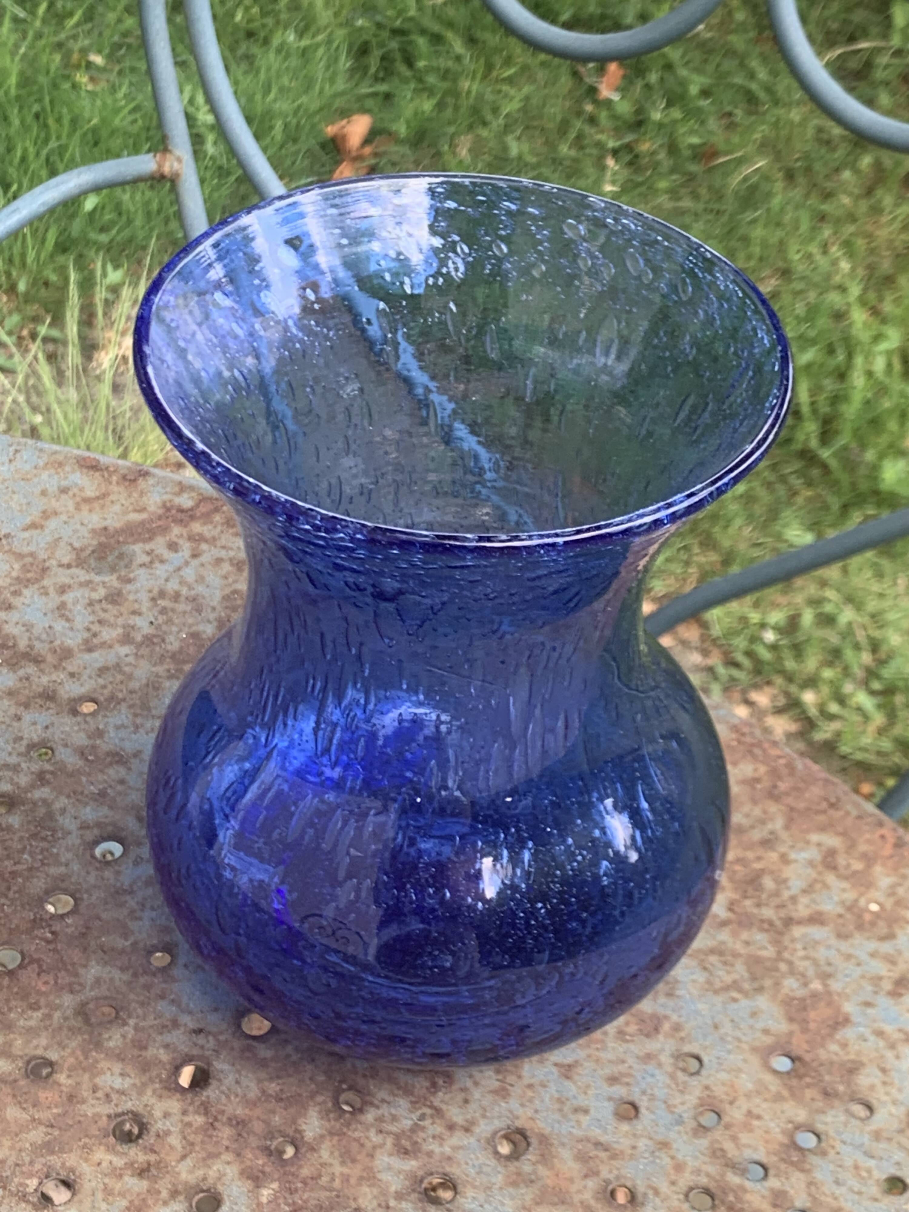Roman vase in Persian blue blown glass, vintage Biot glassware
