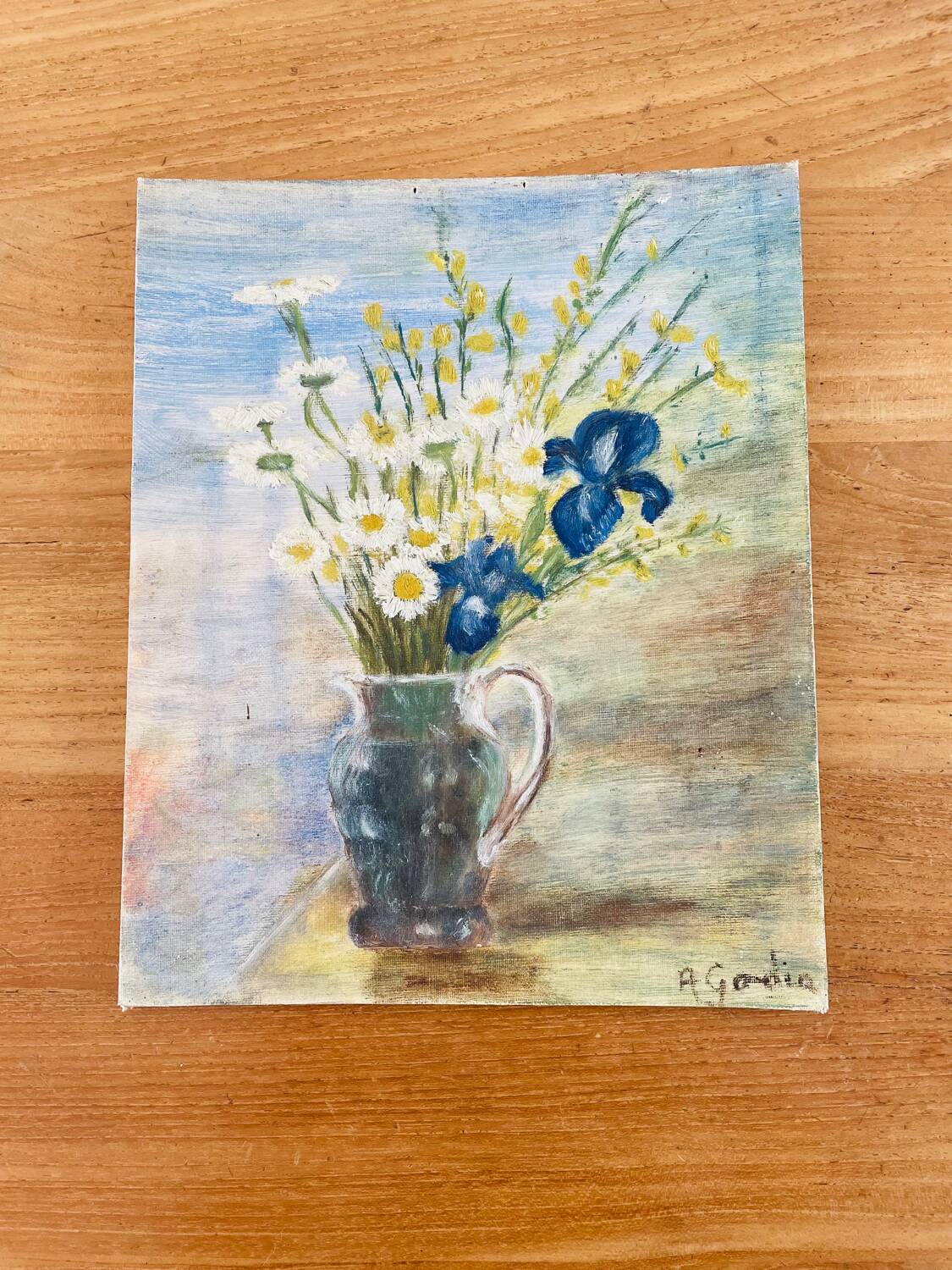 Vintage painting bouquet of flowers daisies irises