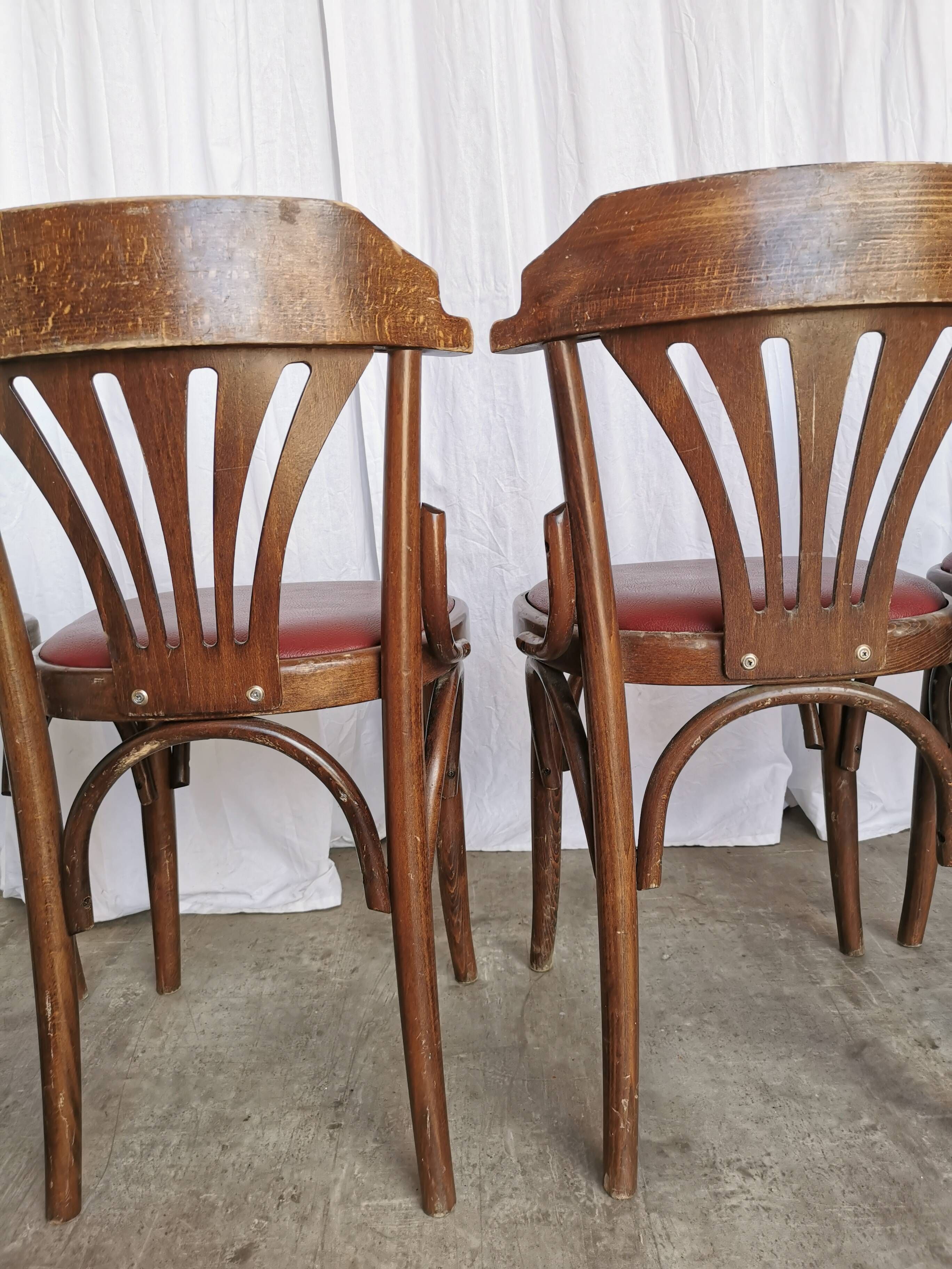 Vintage Bentwood Dining Chairs - Thonet Style - Red Faux Leather - Set of 4