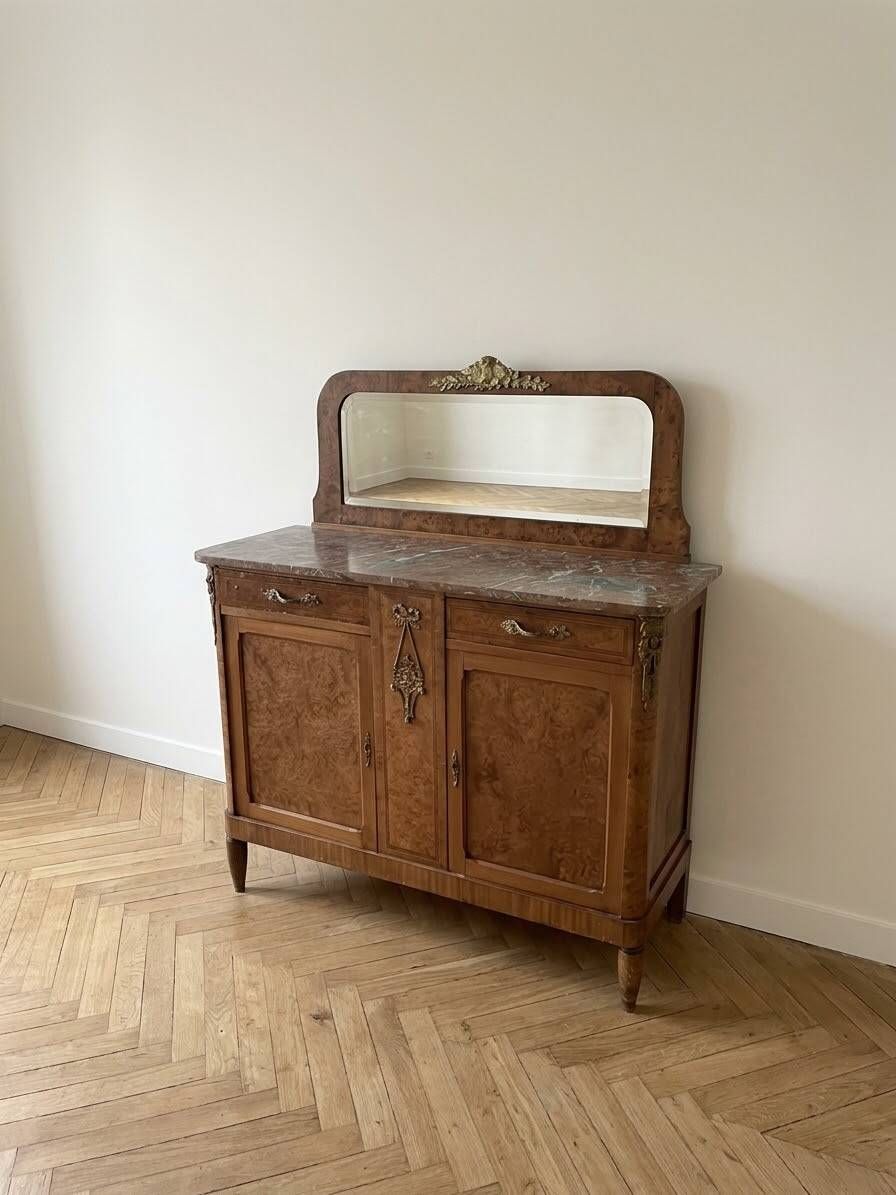 Antique sideboard in burl wood with marble and mirror.
