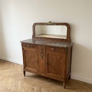 Buffet ancien en ronce de bois avec marbre et miroir