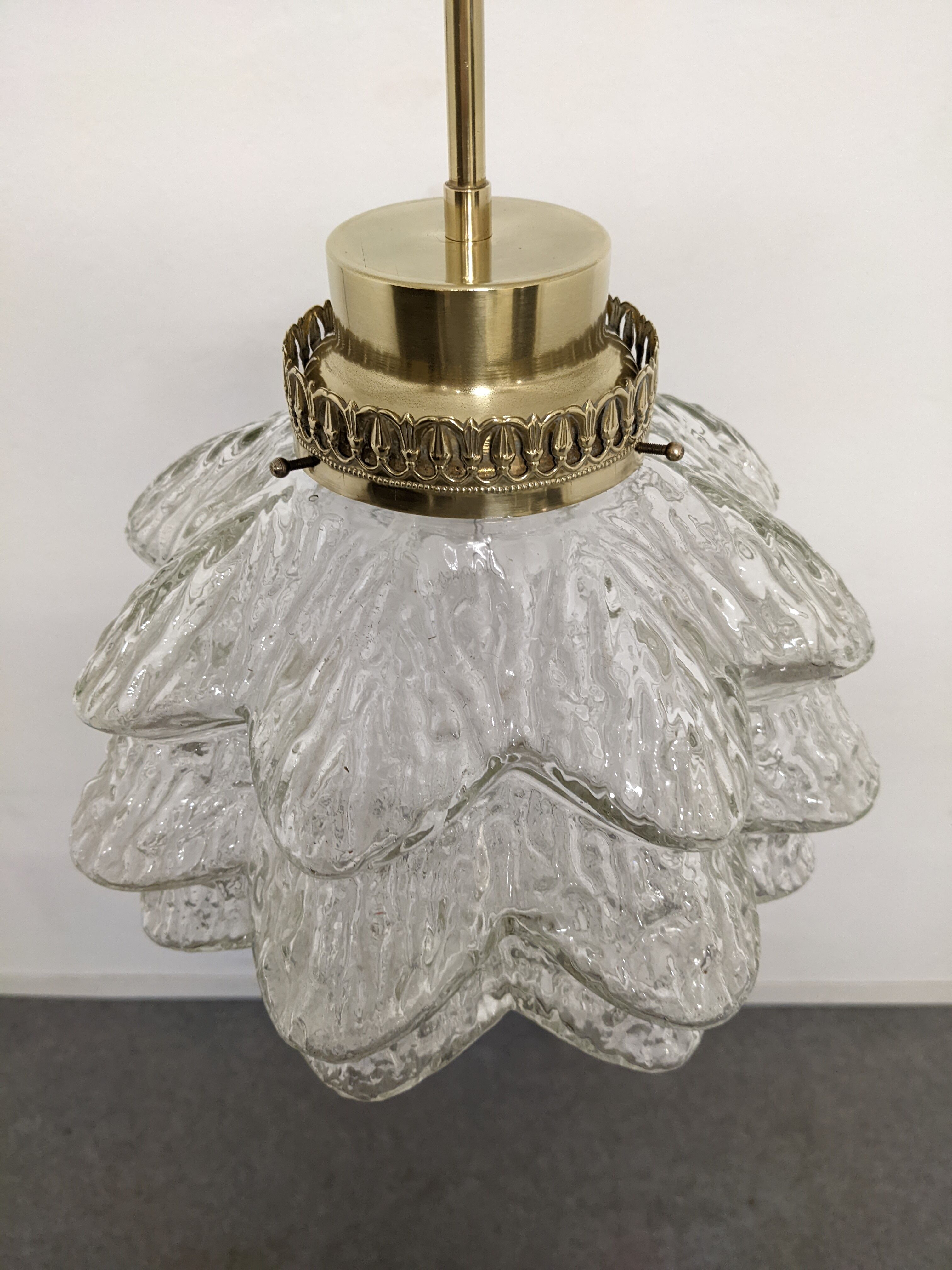 Glass and brass flower pendant lamp in art deco style