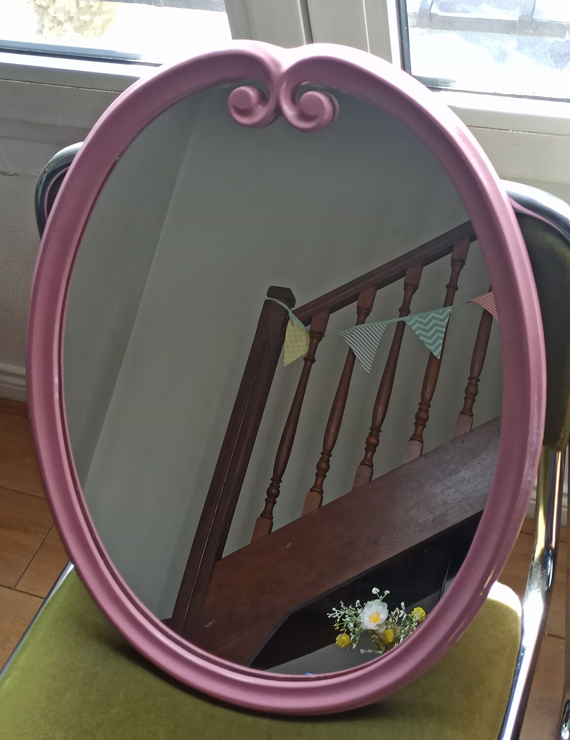 Vintage pink oval cast iron mirror