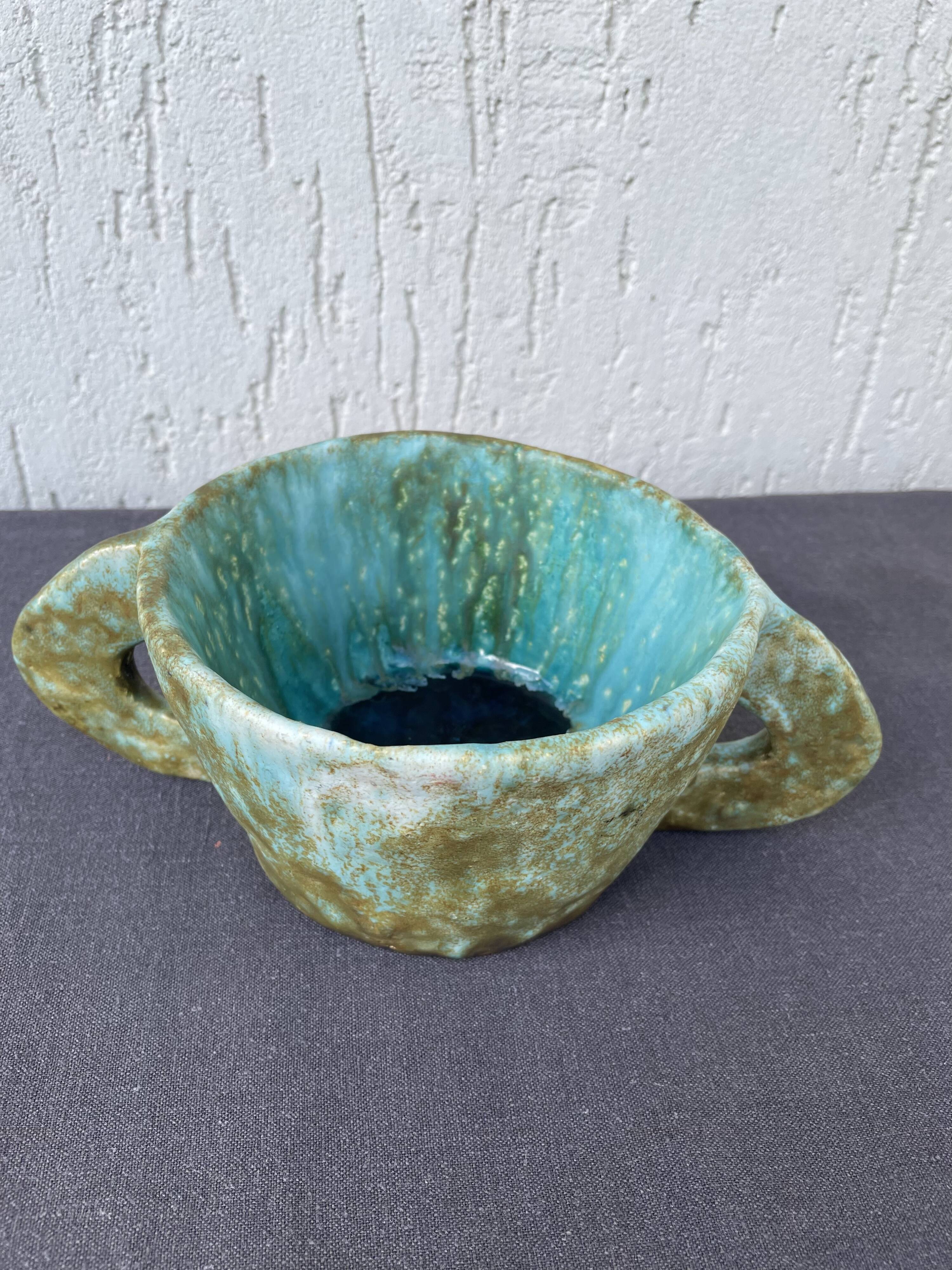 Stoneware bowl with handles, signed handmade ceramic.