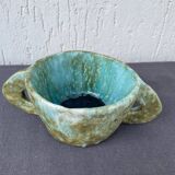 Stoneware bowl with handles, signed handmade ceramic.