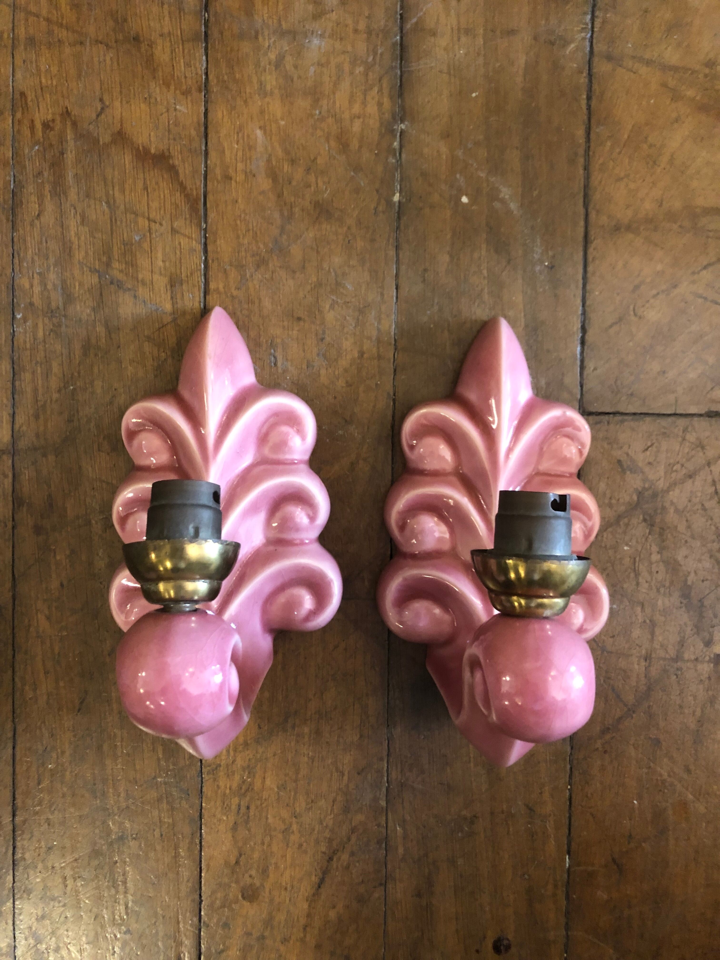 Pair of earthenware palmette wall lamps, 1950s