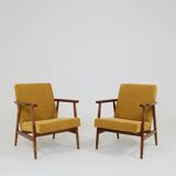 Vintage set of armchairs, golden yellow fabric, refurbished, 1970