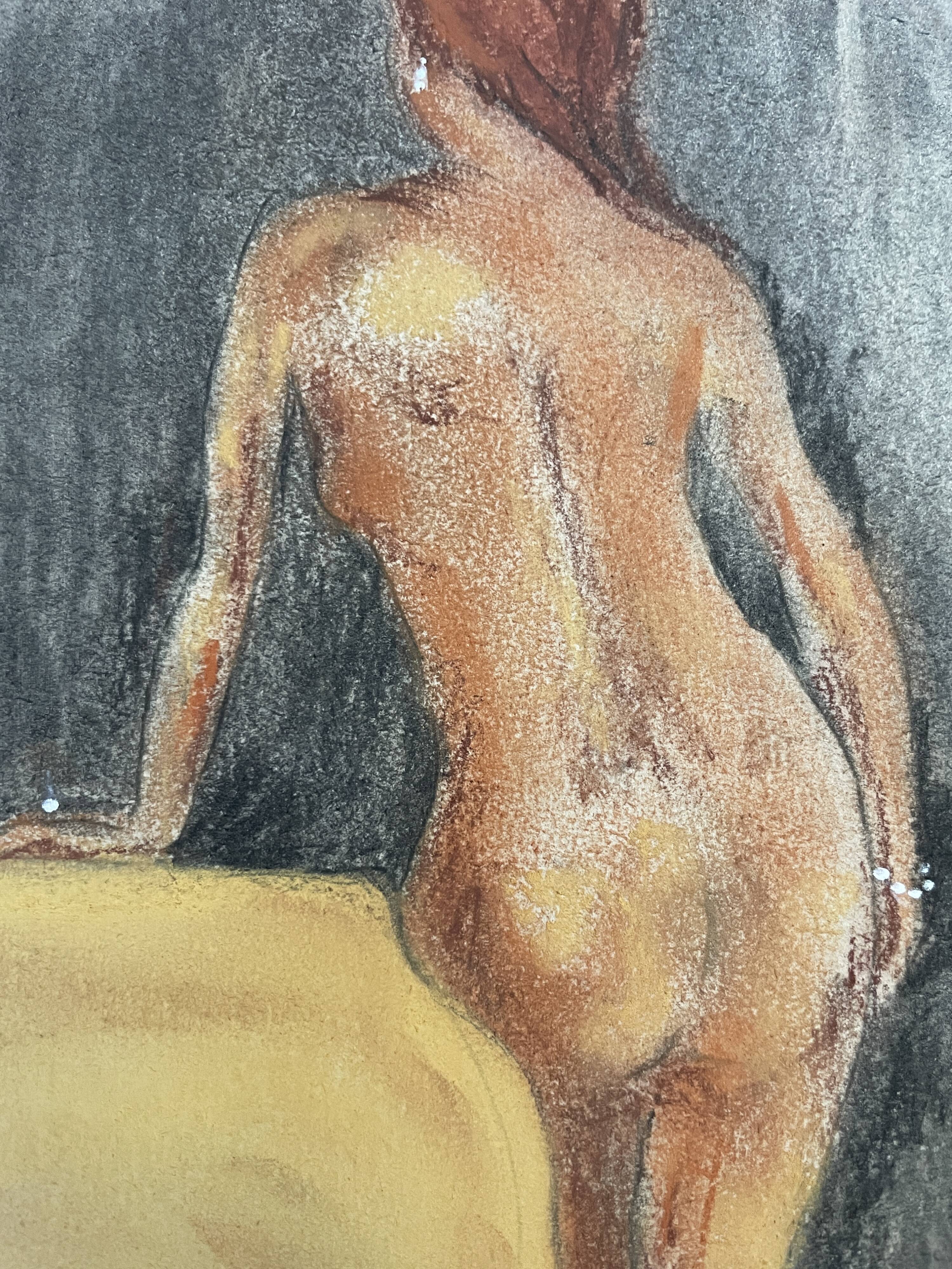 Painting signed pastel female portrait “the ocher sofa” 42x30 cm