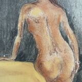 Painting signed pastel female portrait “the ocher sofa” 42x30 cm