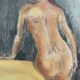 Painting signed pastel female portrait “the ocher sofa” 42x30 cm