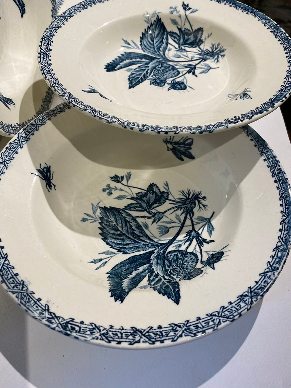 Set of 4 hollow plates, decoration insects and fruits, Manufacture Choisy le Roi Tere de Fer