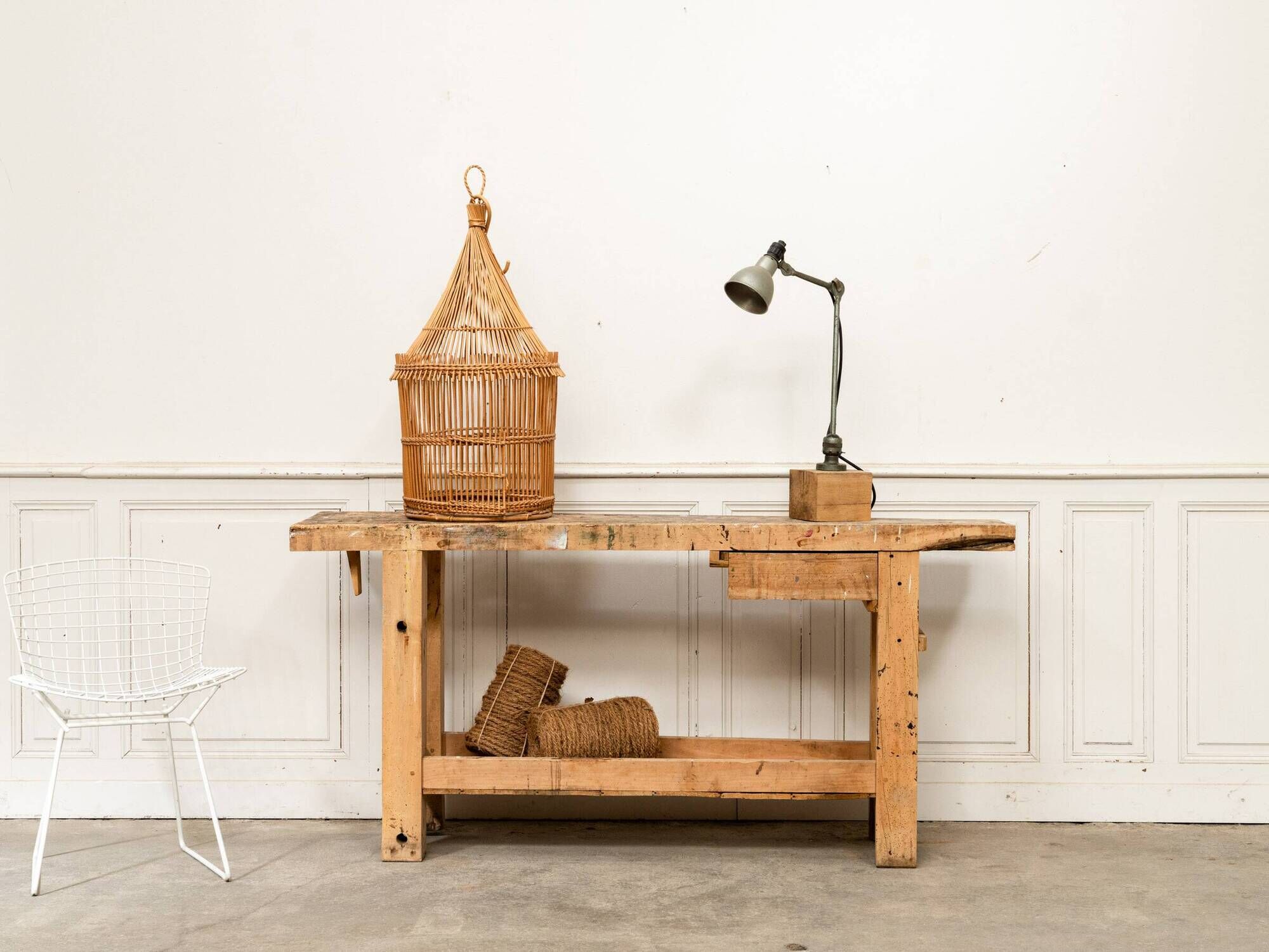 Old small workbench with drawer, beautiful original patina, 1920.