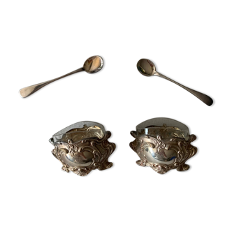 Set of two silver-plated metal salt shakers and two spoons