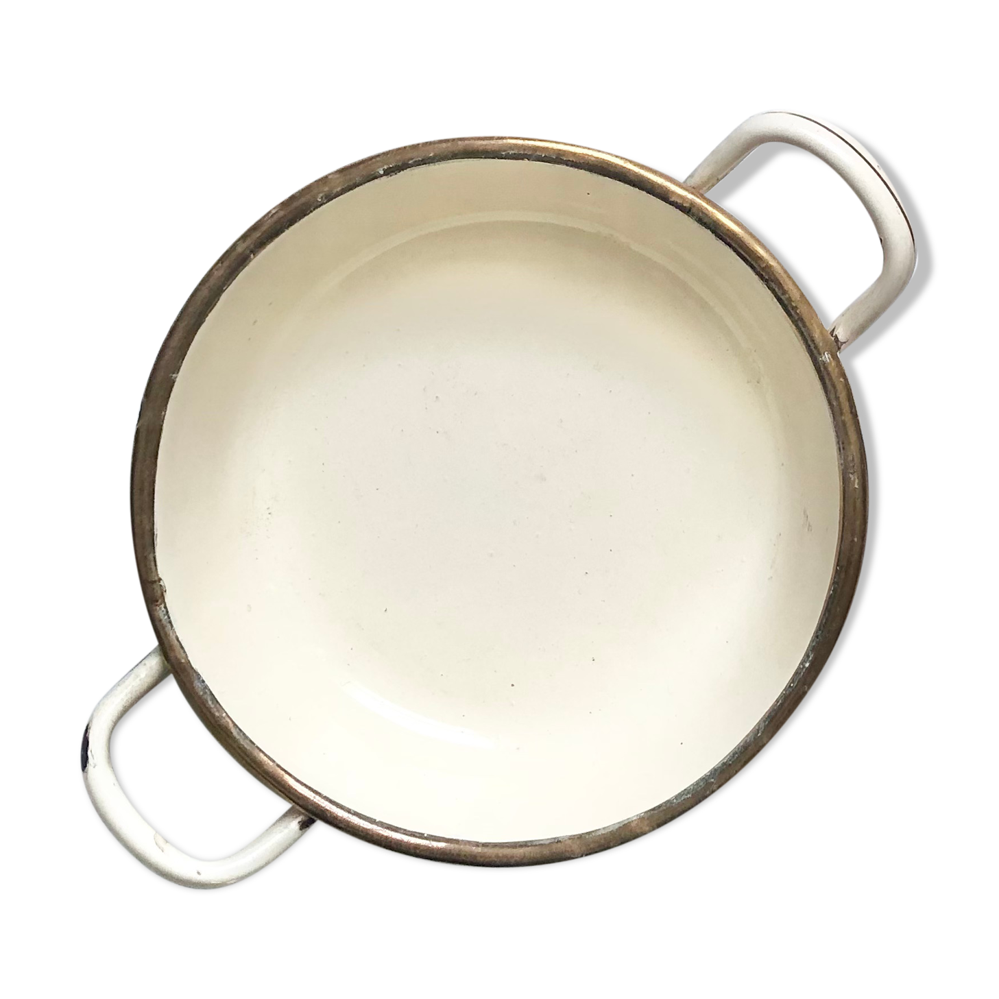 Old egg dish in creamy white and golden enamelled sheet