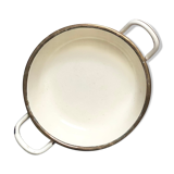 Old egg dish in creamy white and golden enamelled sheet
